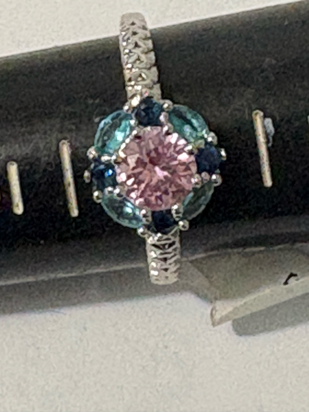 Sterling Silver Pink Center Multi-Gem Floral Ring